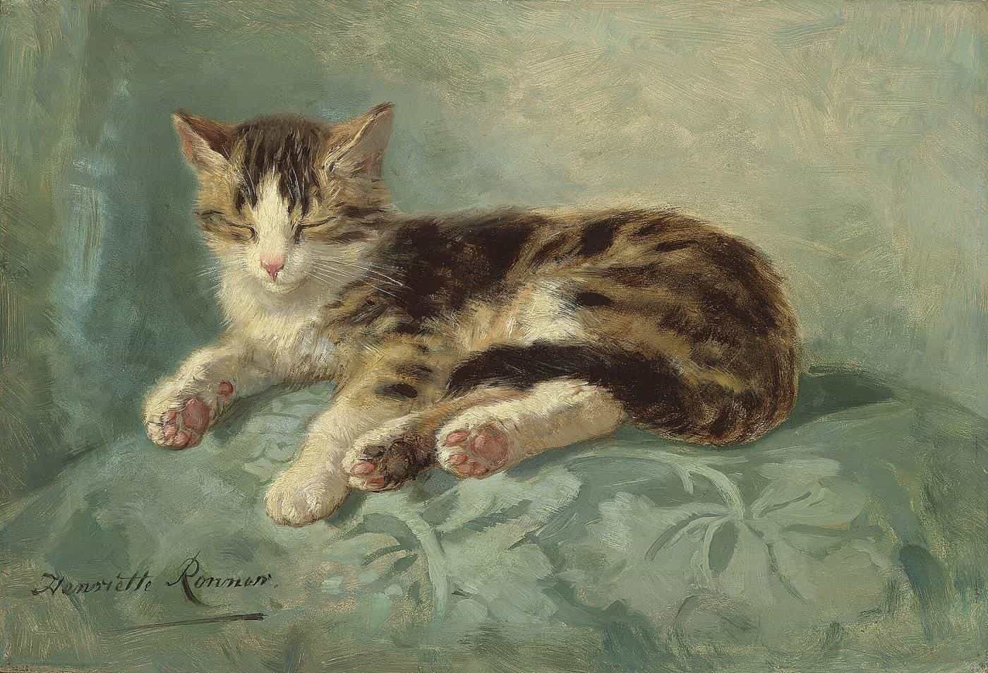 A painting of a tabby cat napping on a green cushion